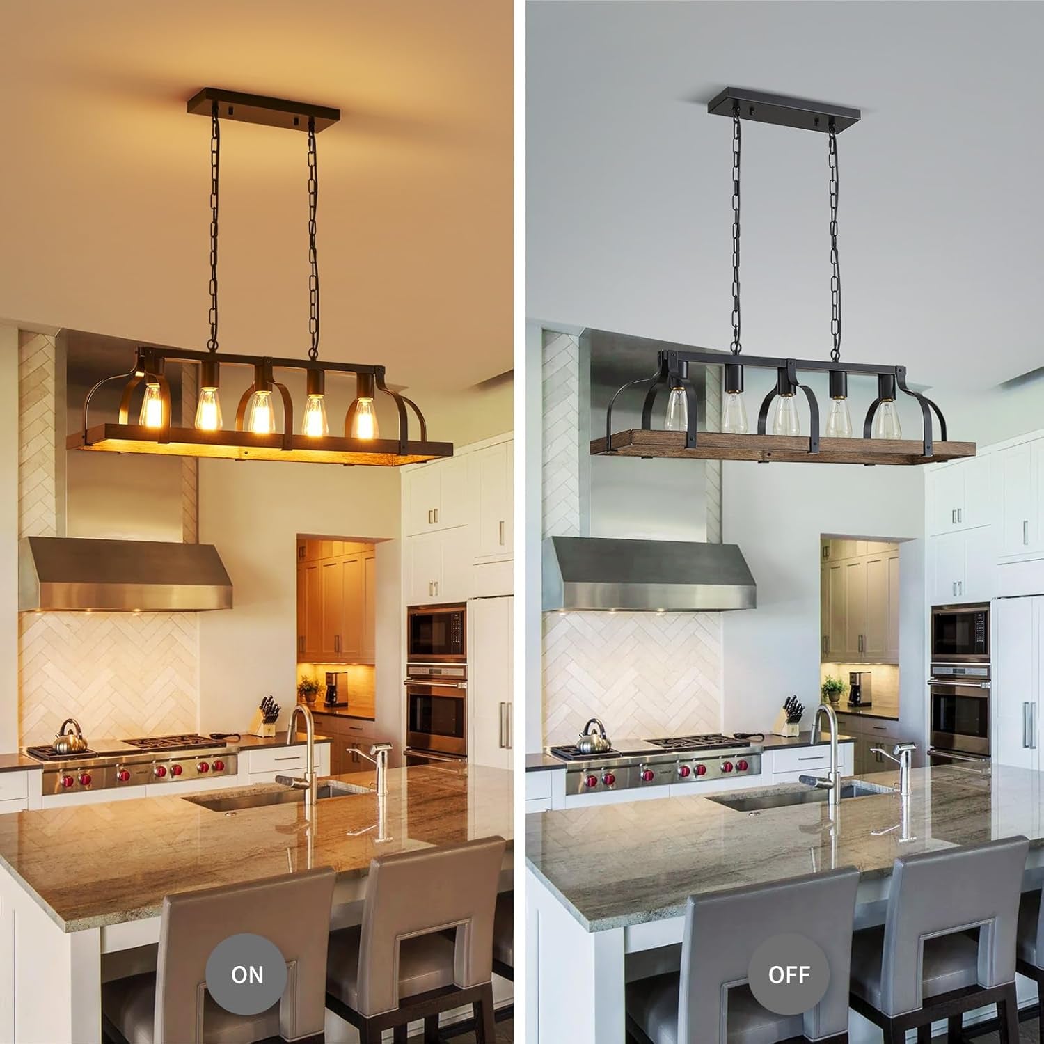 5-Light Metal Linear Chandelier Imitation Wood Grain Farmhouse Decor