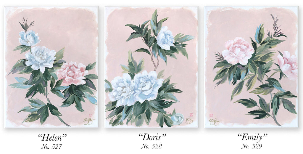 "Doris," Original pink-tan chinoiserie peony painting (No. 528) - 14 x 18