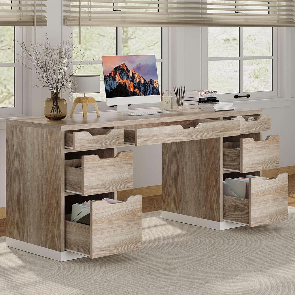 54 Inch Computer Desk With Storage Drawers White Walnut ShipItFurniture