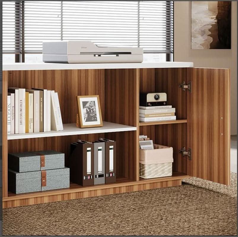 85 Point 8 Inch L-Shaped Executive Desk White Walnut Storage Cabinet ShipItFurniture