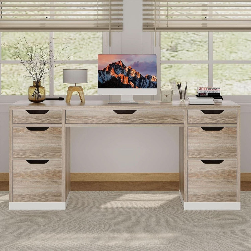 54 Inch Computer Desk With Storage Drawers White Walnut ShipItFurniture