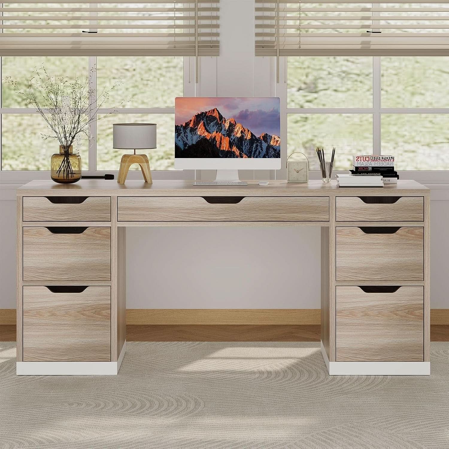 54 Inch Computer Desk With Storage Drawers White Walnut ShipItFurniture