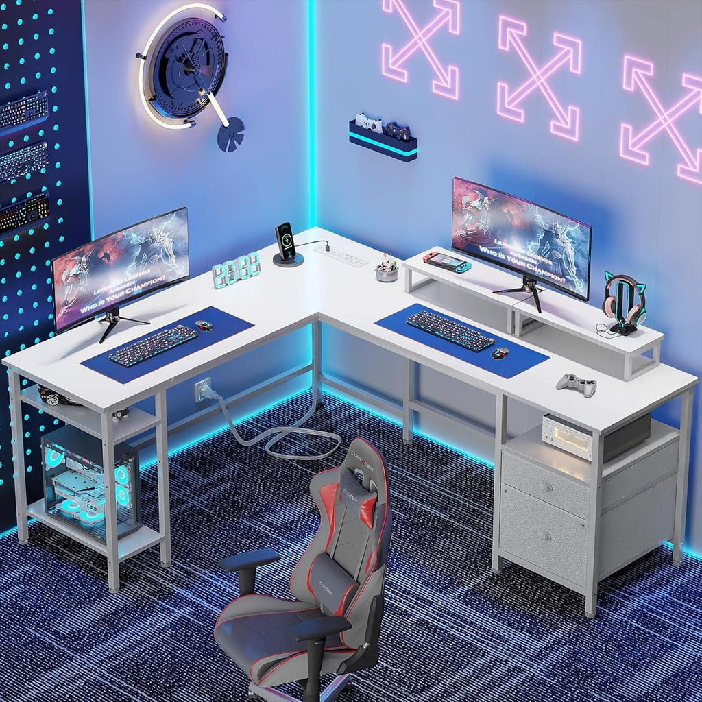 White Fifty Nine Inch L Shaped Desk With Power Outlets ShipItFurniture