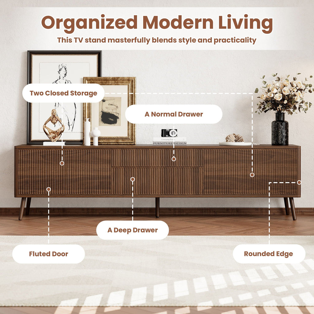 Fluted TV Stand With Storage Drawers And Cabinets For TVs Up To 80", Soft-Close Hinges, Cable Management - Walnut Unique Piece Furniture