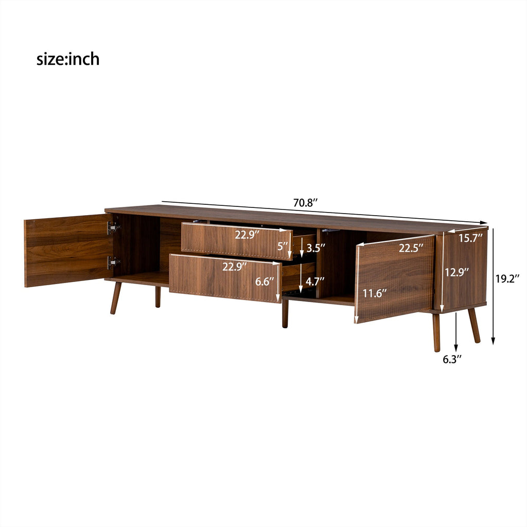 Fluted TV Stand With Storage Drawers And Cabinets For TVs Up To 80", Soft-Close Hinges, Cable Management - Walnut Unique Piece Furniture