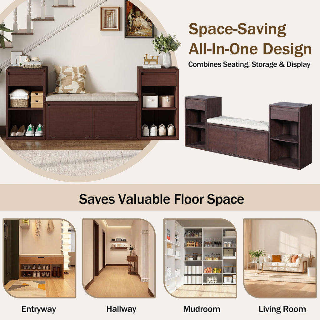 Entryway Storage Bench With Cushion, Drawers & Open Shelves Unique Piece Furniture