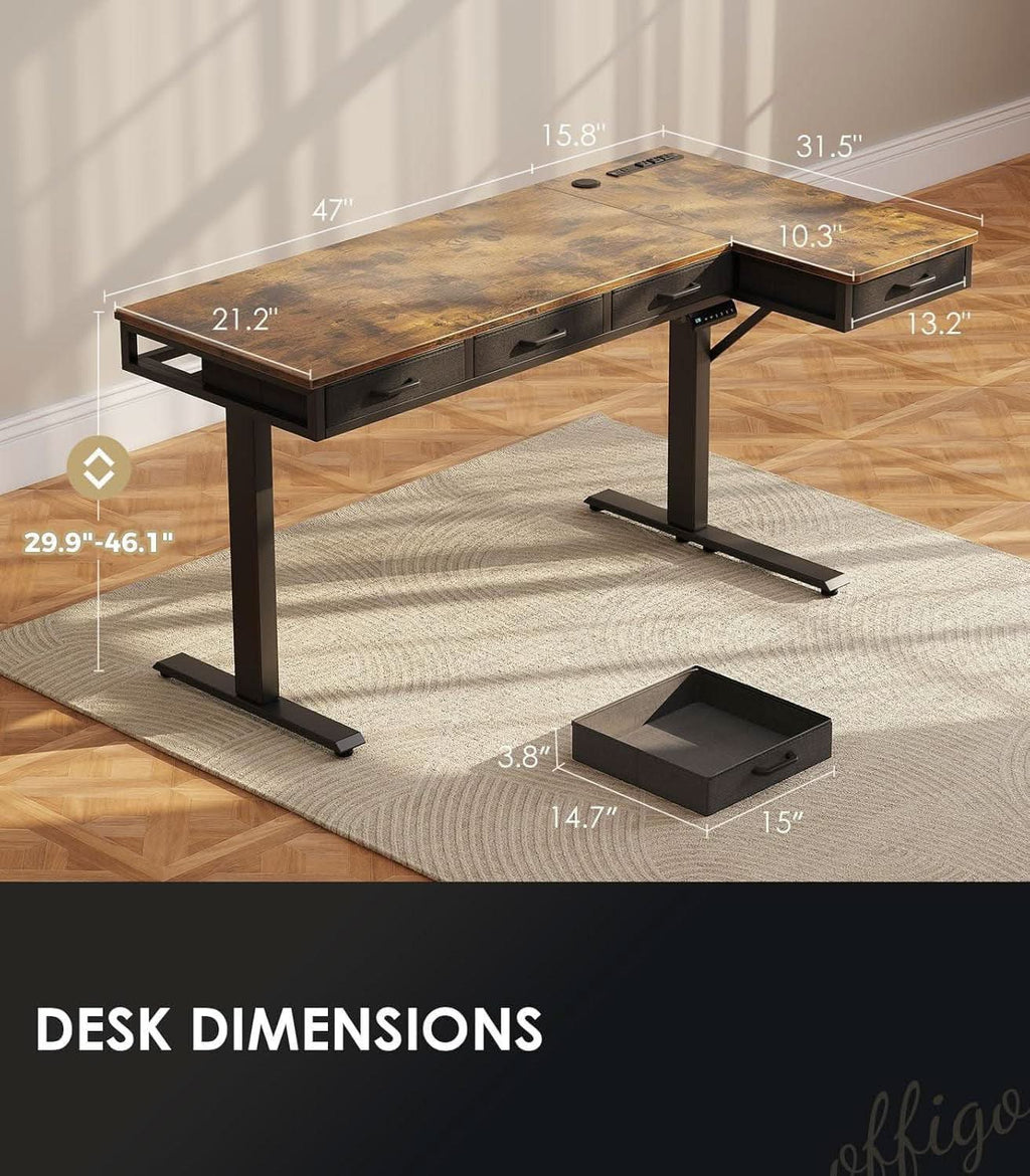 Sixty Three Inch L Shaped Electric Height Adjustable Desk Drawers ShipItFurniture