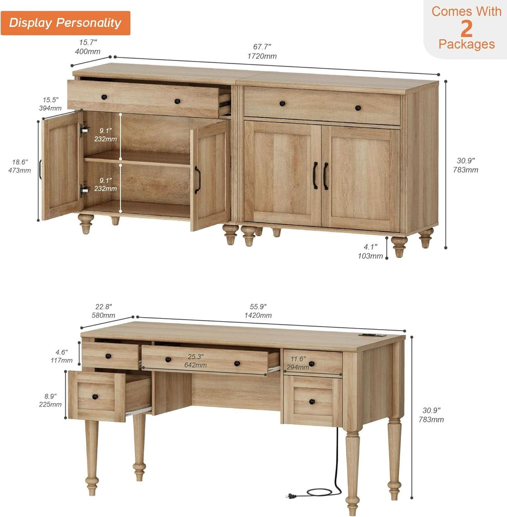 56 Inch Oak Executive Desk With Integrated Charging System ShipItFurniture