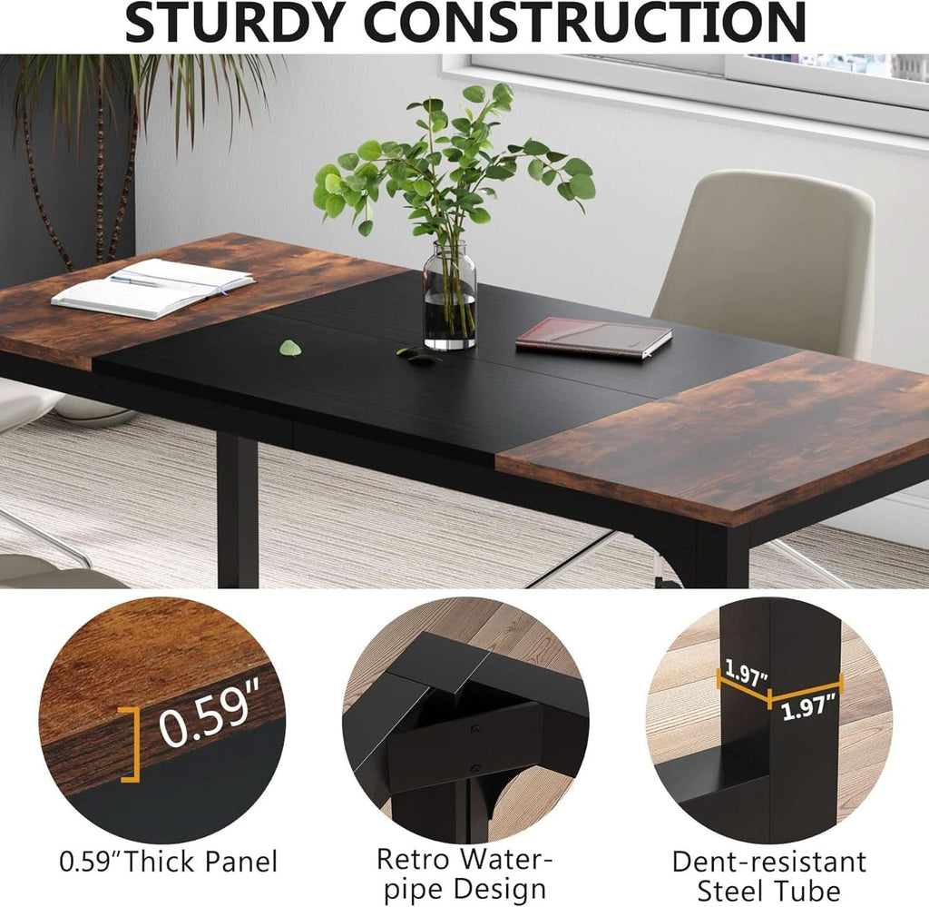 63 Inch Executive Desk Two Tone Brown Black Heavy Duty Frame ShipItFurniture