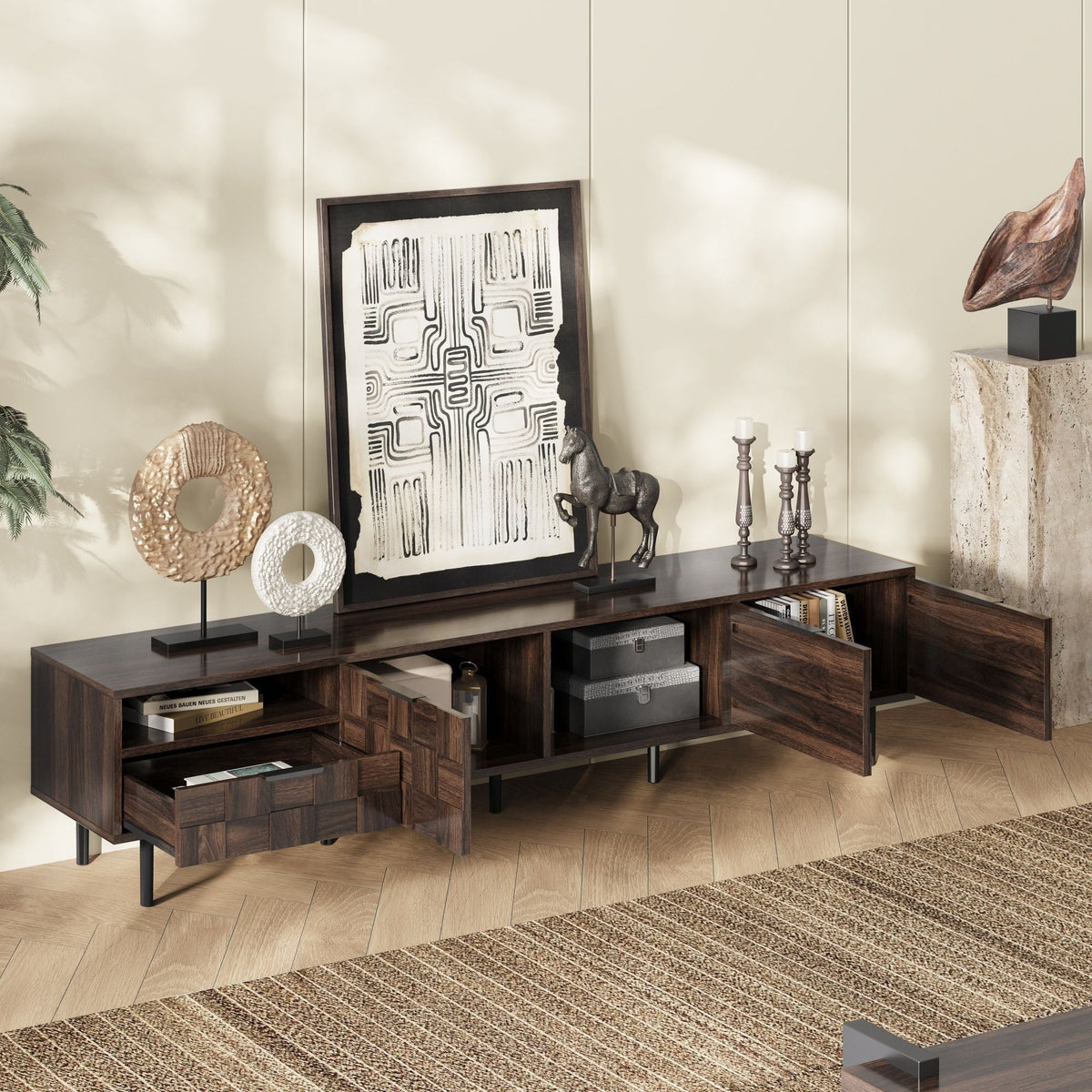 78" TV Stand With Storage Cabinets For Living Room - Walnut Unique Piece Furniture