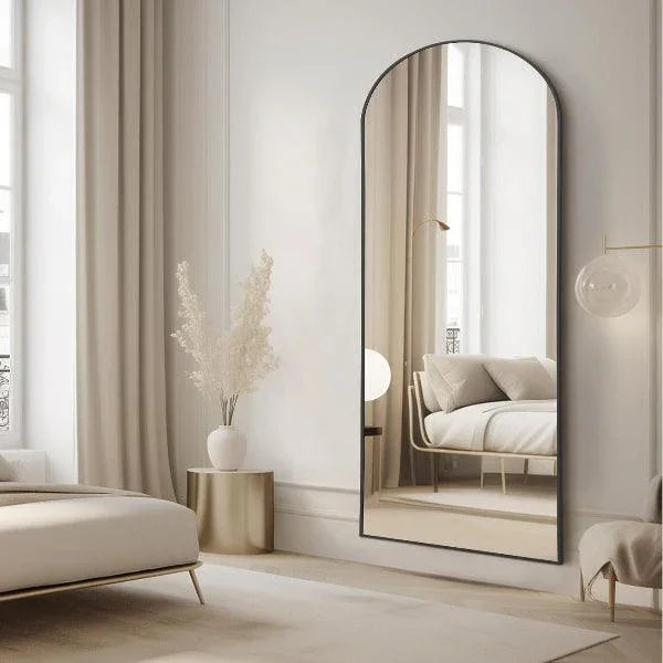 MELOMOIR Arched Floor Mirror, Leaning Hanging Mirror with Aluminum Frame, for Living Room, Bedroom, Cloakroom, Hallway, Black MIRRORONS