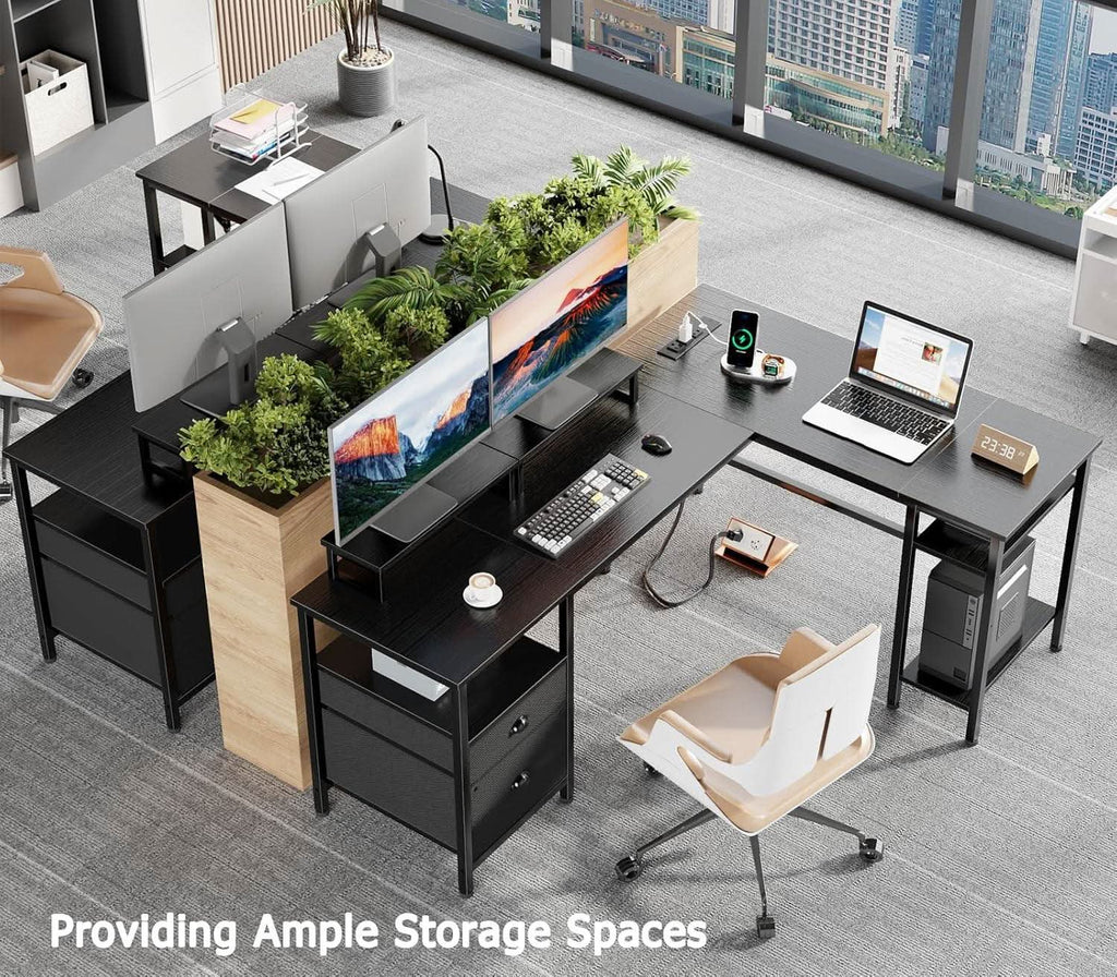 Fifty Nine Inch L Shaped Desk With Black Storage Drawers Unit ShipItFurniture