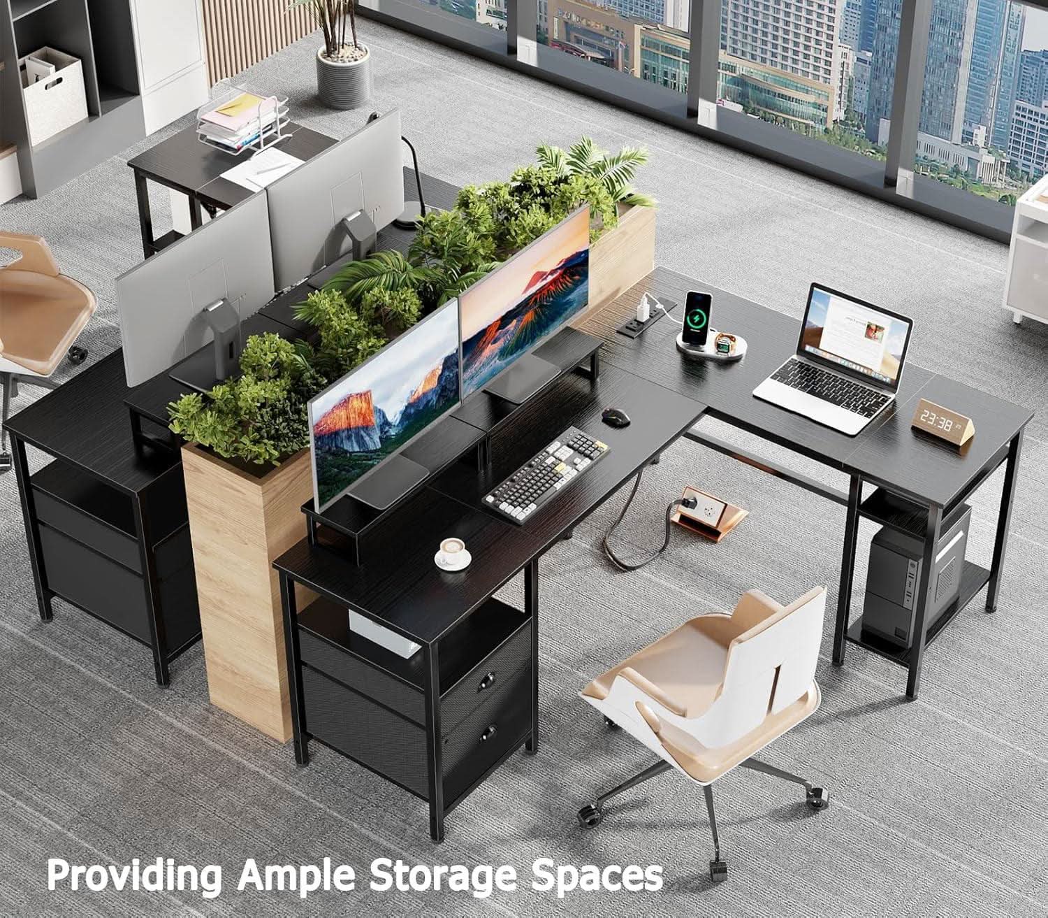 Fifty Nine Inch L Shaped Desk With Black Storage Drawers Unit ShipItFurniture