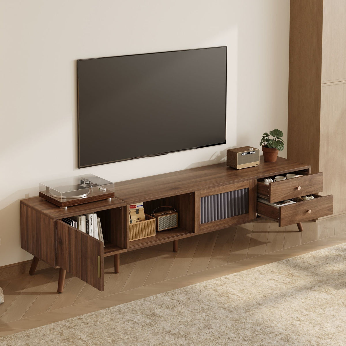 Doors TV Stand For TVs Up To 85", Entertainment Center With Storage Cabinets, TV Media Console Table For Living Room - Natural Unique Piece Furniture