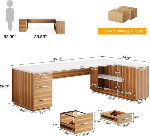 85 Point 8 Inch L-Shaped Executive Desk White Walnut Storage Cabinet ShipItFurniture