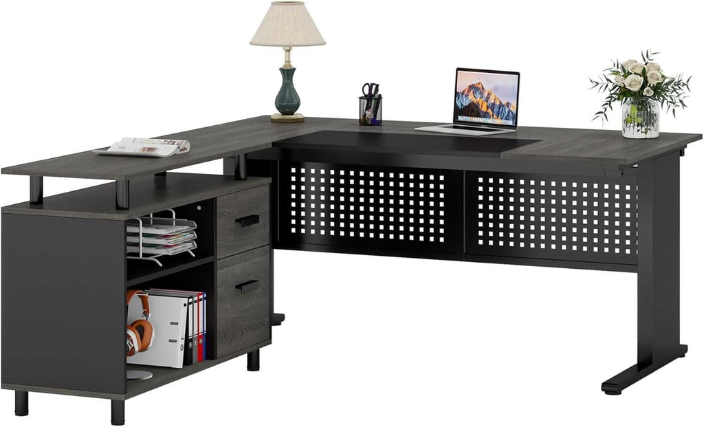 63 Inch Executive Desk With Integrated Cabinet Gray ShipItFurniture