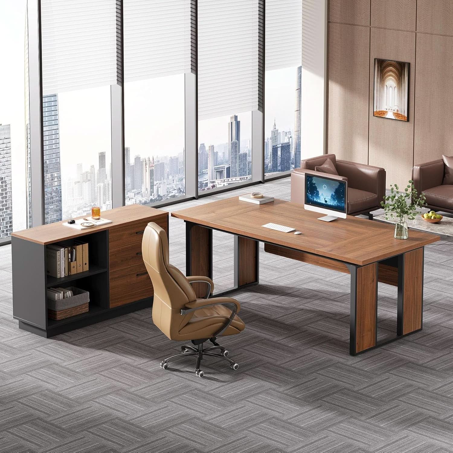 63 Inch L Shaped Executive Desk With Storage Shelves ShipItFurniture