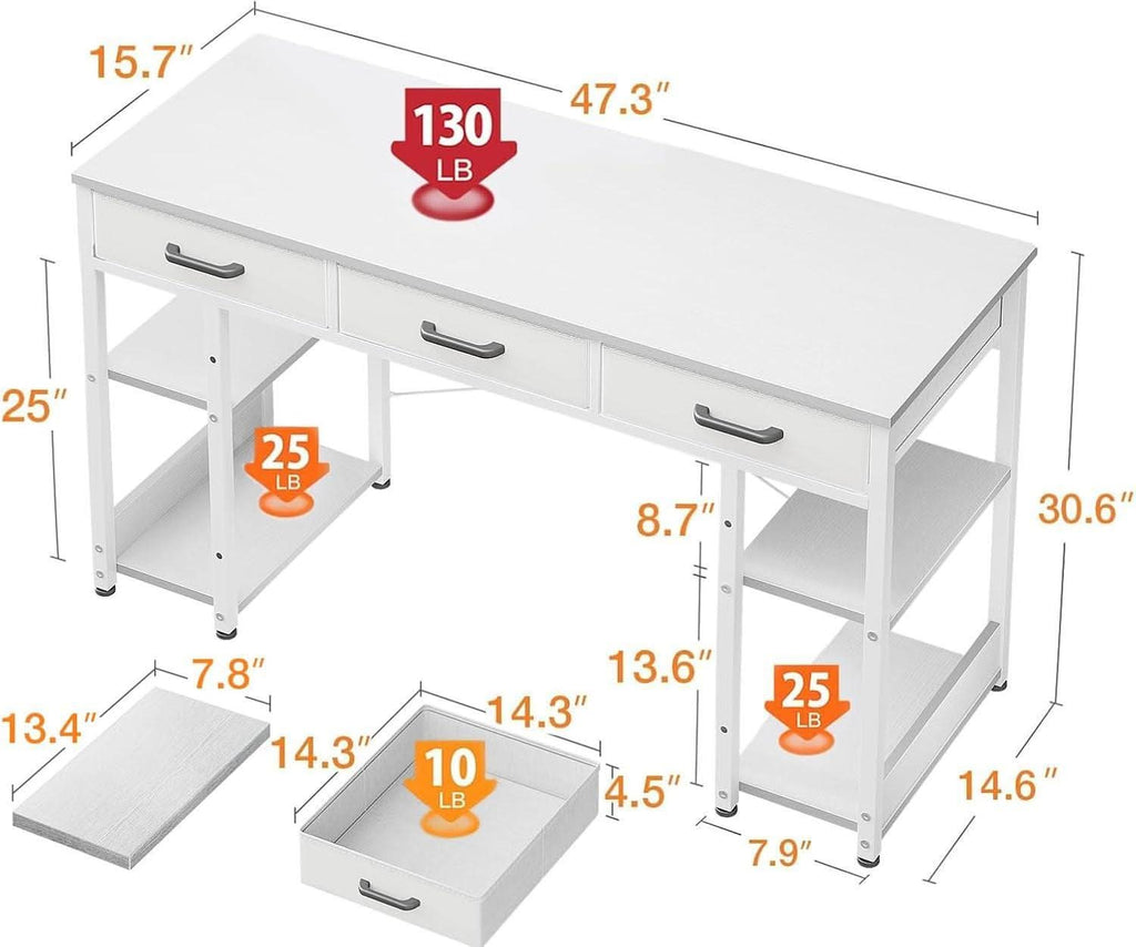 White 48 Inch Contemporary Premier Desk With Drawers ShipItFurniture