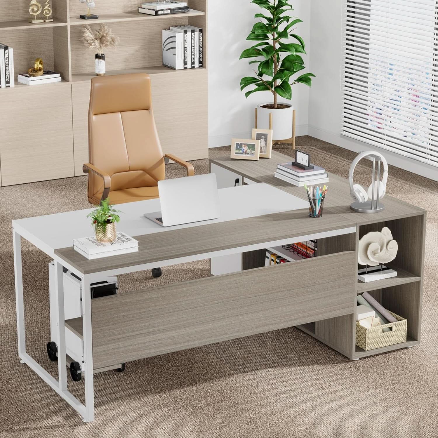 71 Inch Executive L Shaped Desk Cabinets Gray And White ShipItFurniture