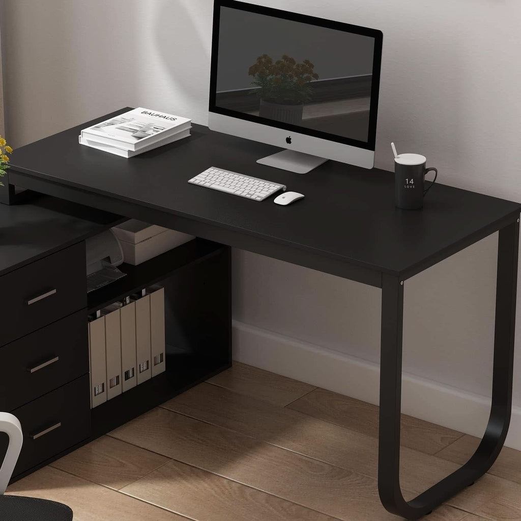 55 Inch L Shaped Computer Desk Black Storage Cabinet ShipItFurniture