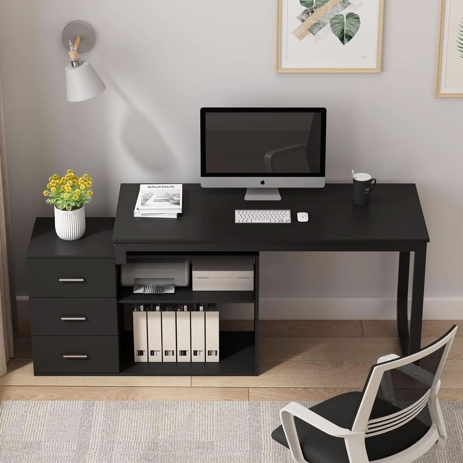 55 Inch L Shaped Computer Desk Black Storage Cabinet ShipItFurniture