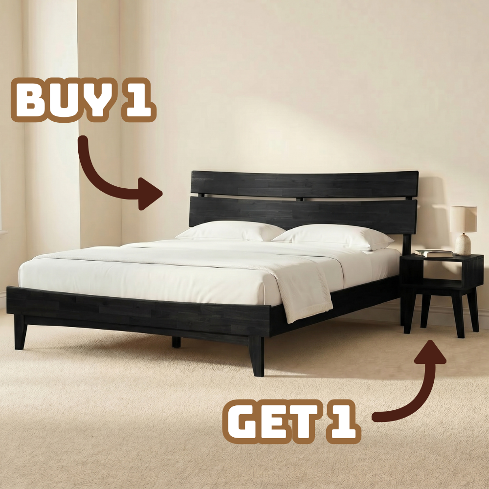 [Buy 1 Get 1] Aurora Solid Wood Bed Frame & Nightstand Megsu