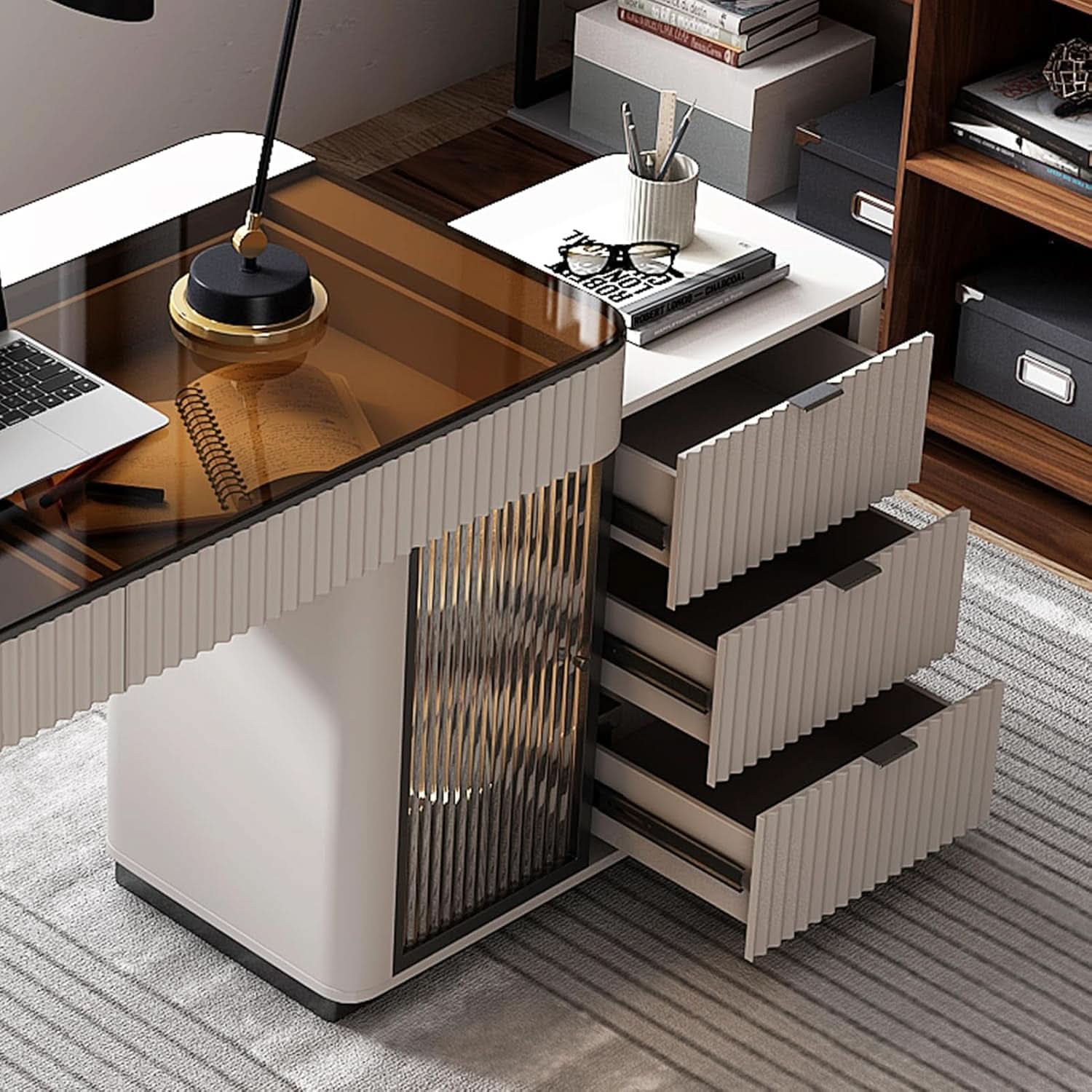 Ivory 50 Inch Office Computer Desk With Cabinet LED lights ShipItFurniture