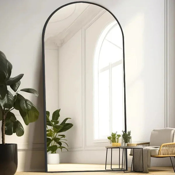MELOMOIR Arched Floor Mirror, Leaning Hanging Mirror with Aluminum Frame, for Living Room, Bedroom, Cloakroom, Hallway, Black MIRRORONS