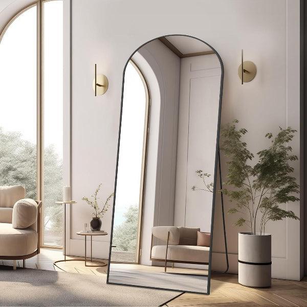 MELOMOIR Arched Floor Mirror, Leaning Hanging Mirror with Aluminum Frame, for Living Room, Bedroom, Cloakroom, Hallway, Black MIRRORONS