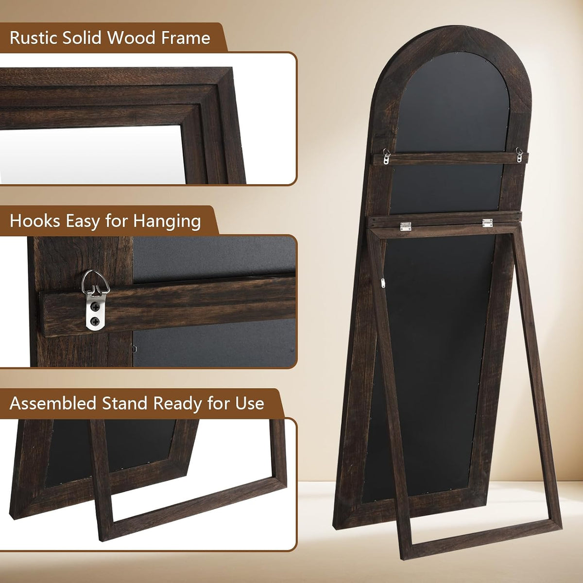 MELOMOIR Arched Solid Wood Full Length Mirror – Rustic Farmhouse Floor Mirror MIRRORONS