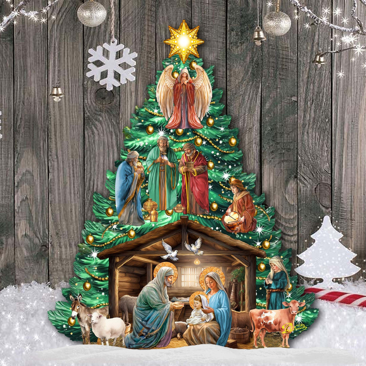 Nativity-Themed Christmas Tree Outdoor Indoor Decor Wooden Christmas Decoration by G. Debrekht Christmas Decor - 8191503-3F G.DeBrekht