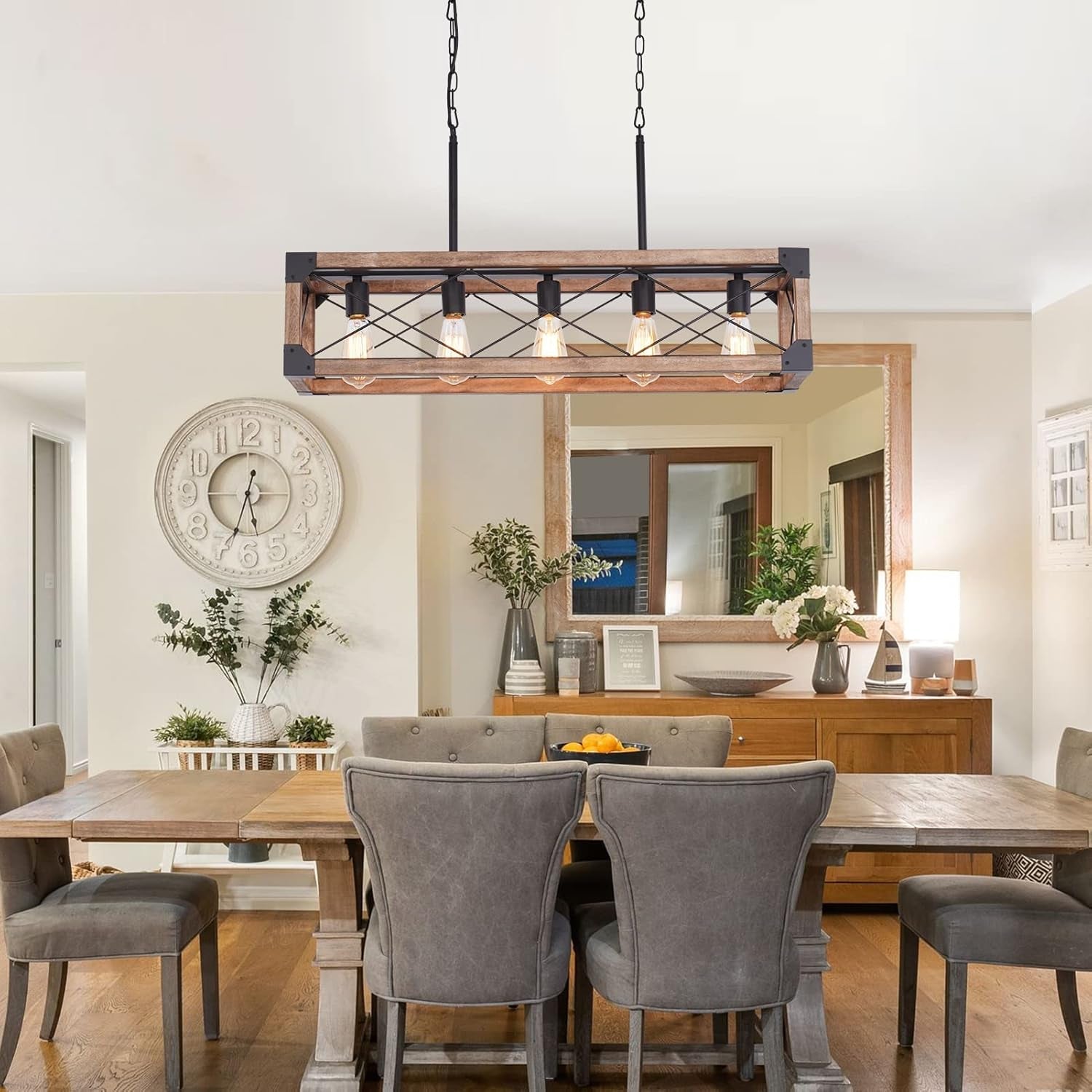 Farmhouse 5-Light Linear Chandelier with Solid Wood Farmhouse Decor