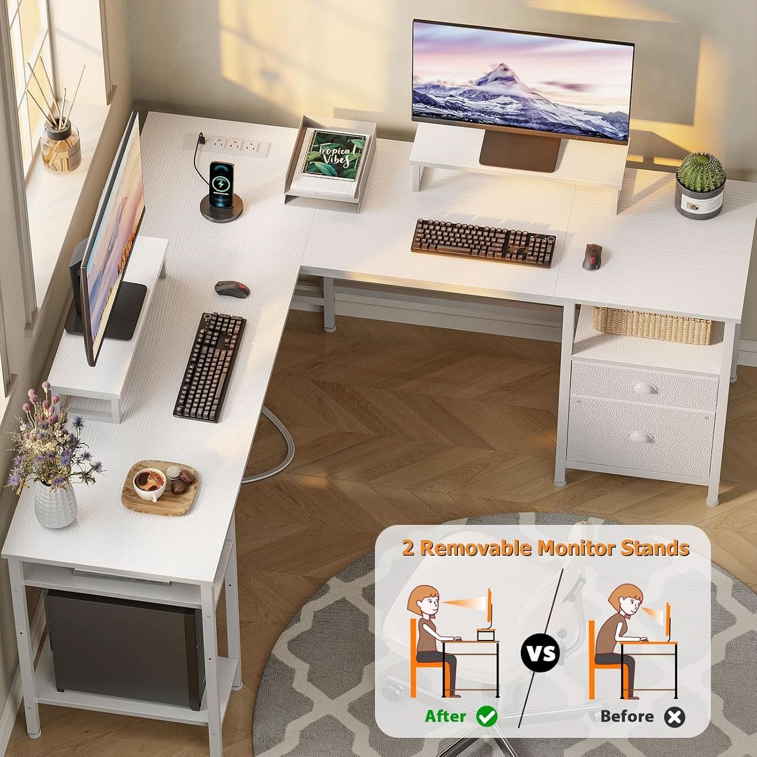 White Fifty Nine Inch L Shaped Desk With Power Outlets ShipItFurniture