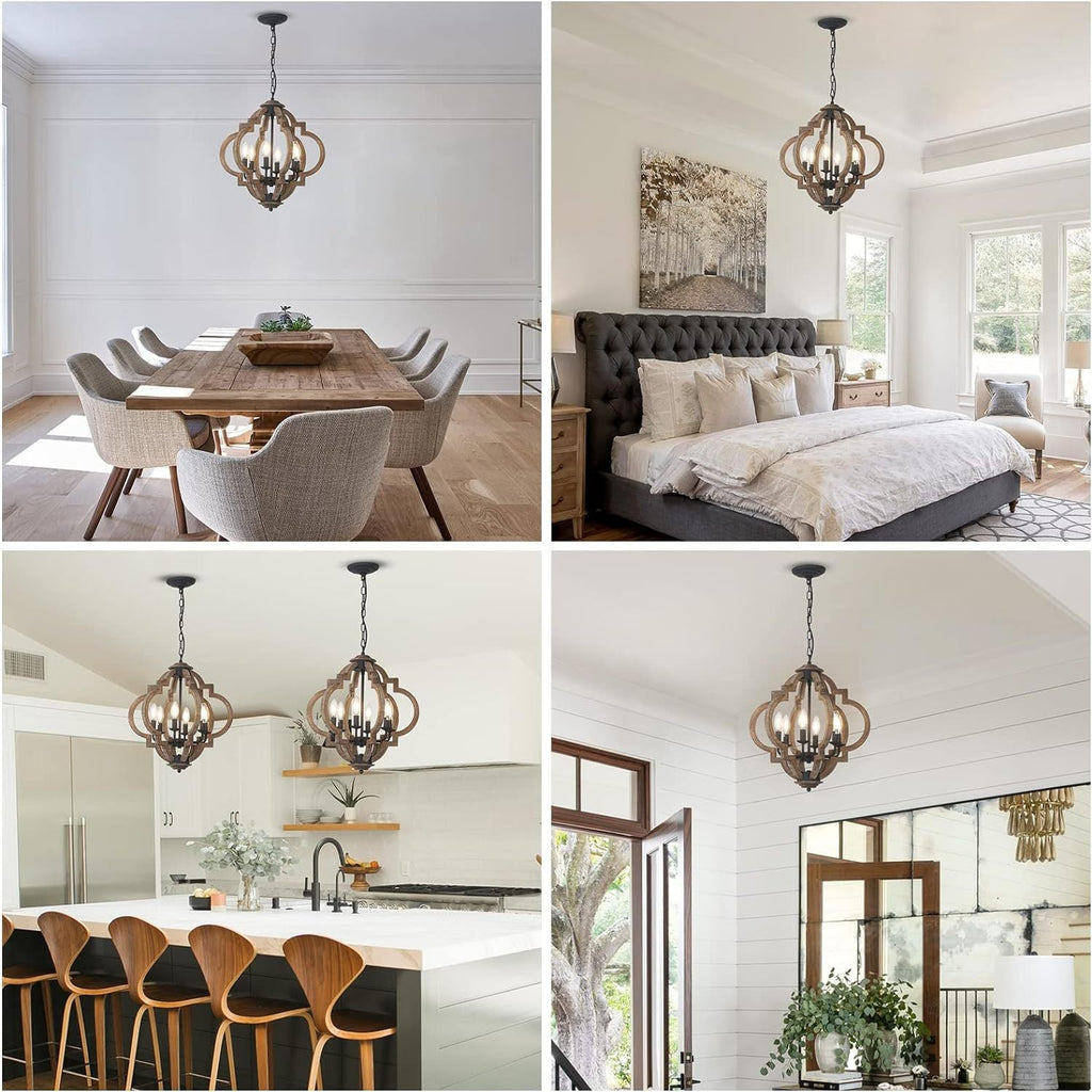 Chandelier Farmhouse 6-Light Rustic Wood Black Pendant Kitchen Island NIKKI CASA
