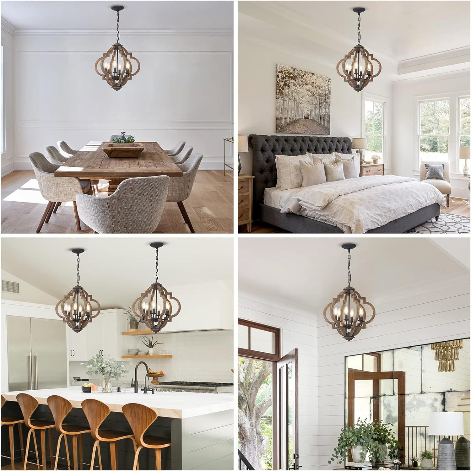 Chandelier Farmhouse 6-Light Rustic Wood Black Pendant Kitchen Island NIKKI CASA