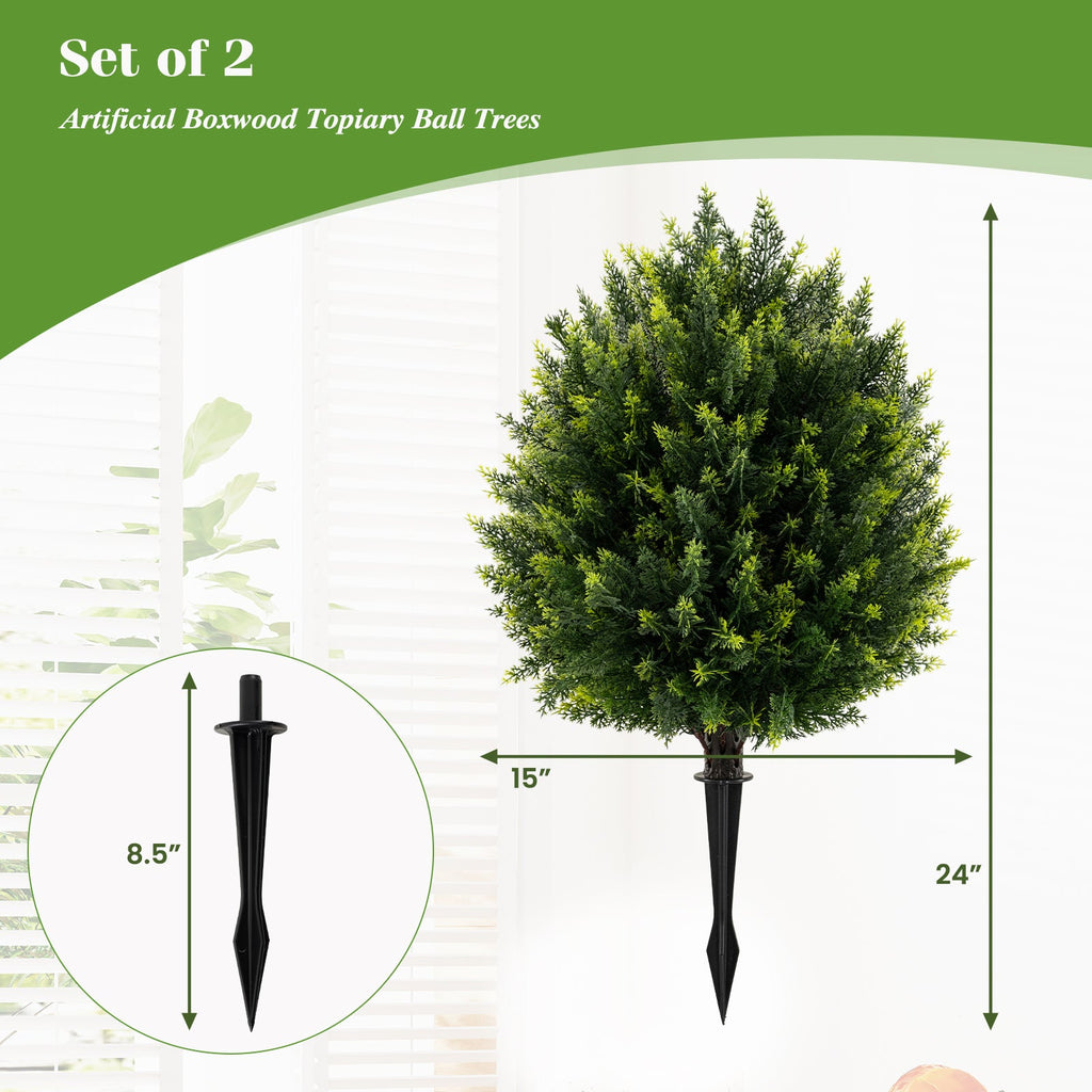 24 Inches Artificial Cypress Topiary Ball Tree Set with Ground Spike-Green DirectDeals