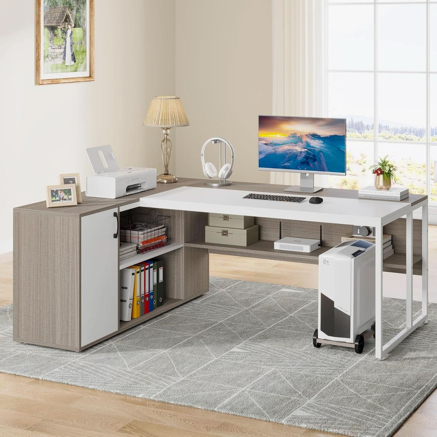 71 Inch Executive L Shaped Desk Cabinets Gray And White ShipItFurniture