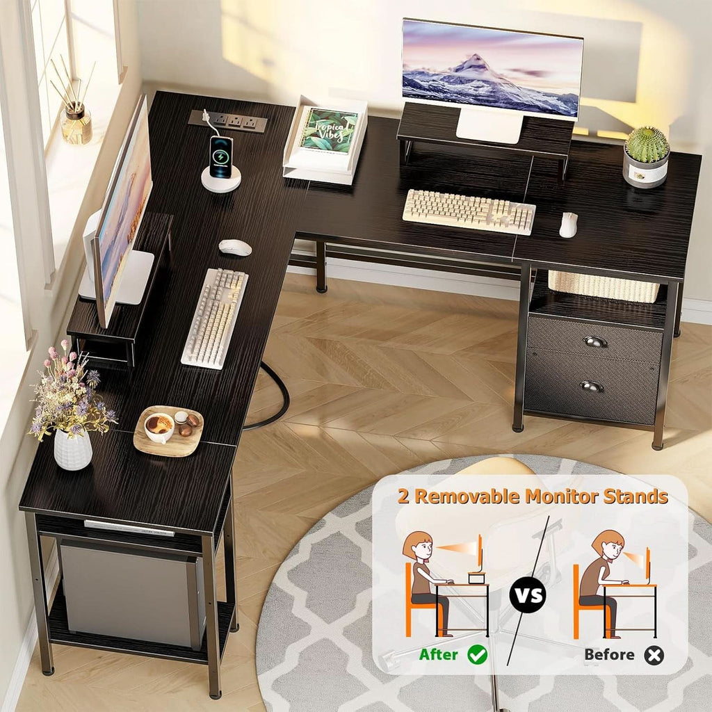 Fifty Nine Inch L Shaped Desk With Black Storage Drawers Unit ShipItFurniture