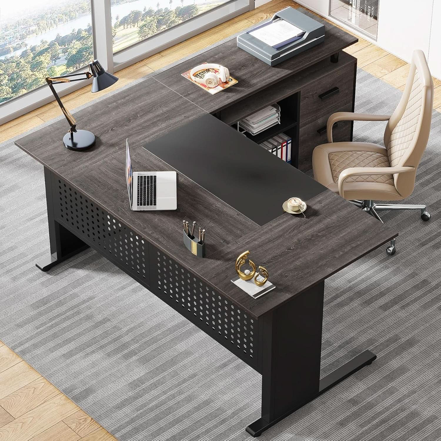 63 Inch Executive Desk With Integrated Cabinet Gray ShipItFurniture