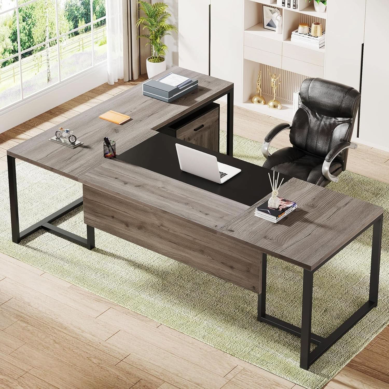 Extra Large L Shaped Executive Desk Retro Gray Drawer Cabinet ShipItFurniture