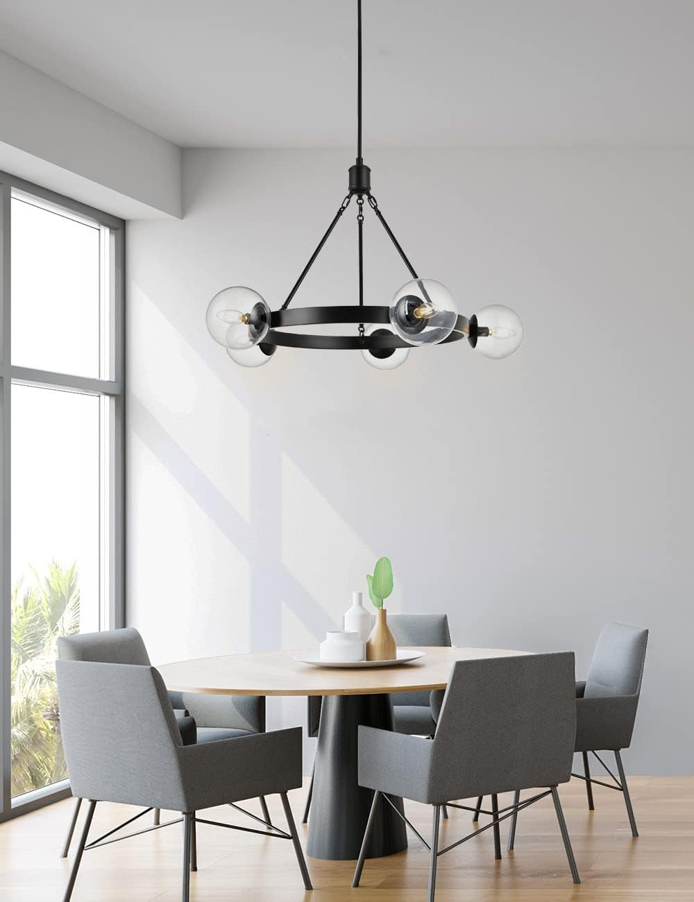 5 Light Black Globe Wagon Wheel Chandelier Farmhouse Decor