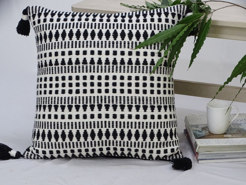 Black 22" X 22" Throw Pillow for couch with Tassels-Winter Vibhsa