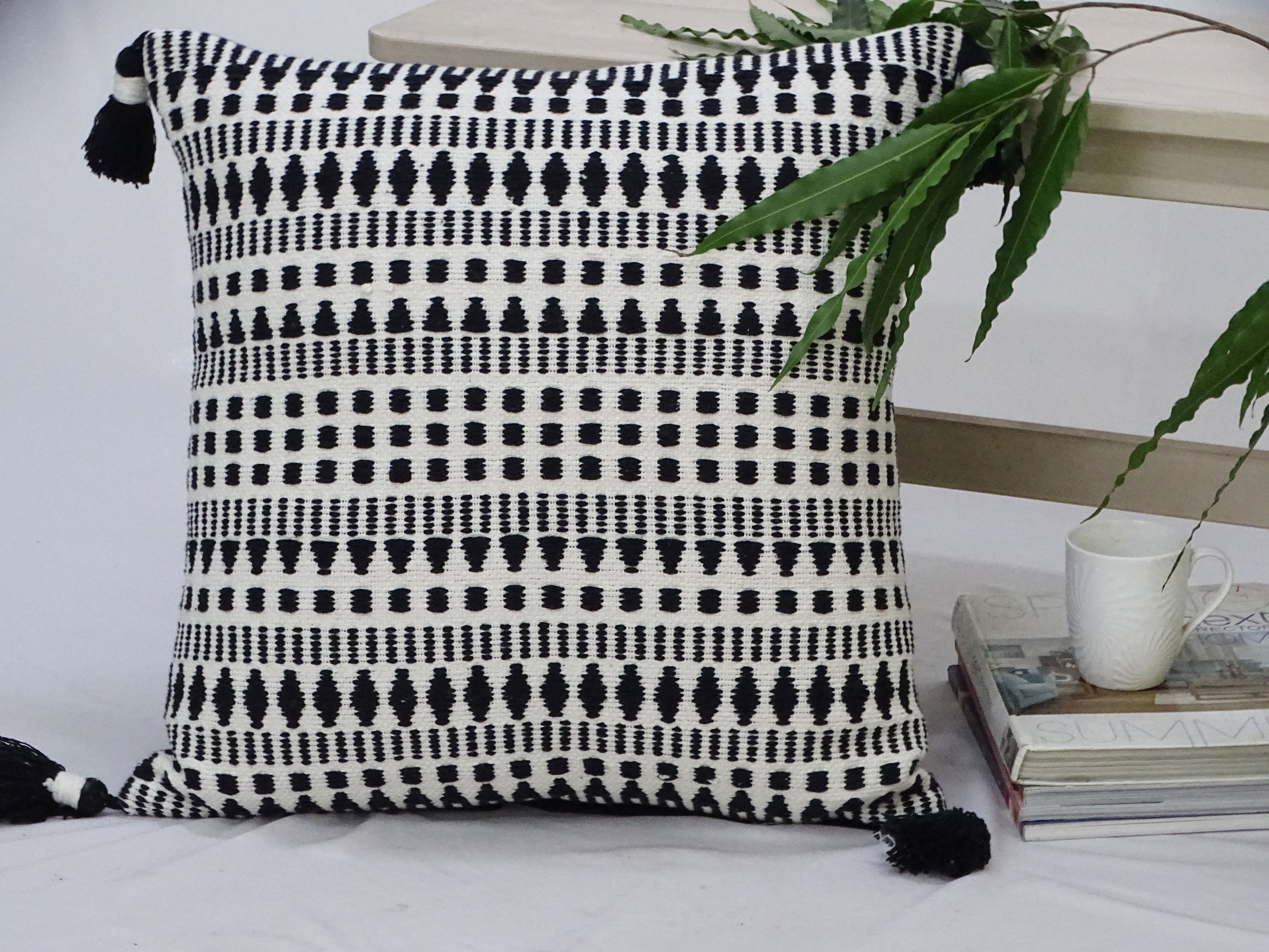 Black 22" X 22" Throw Pillow for couch with Tassels-Winter Vibhsa