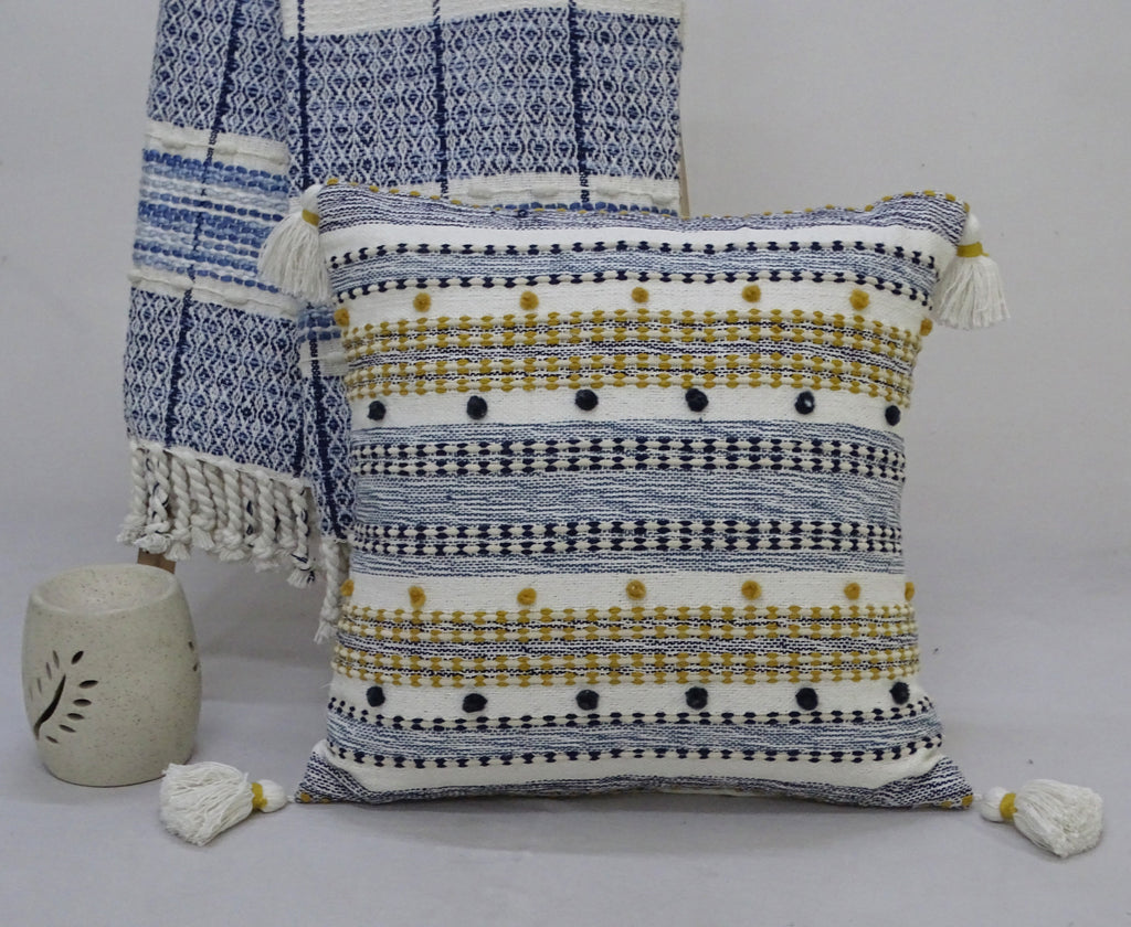 Designer Striped Pillow with Mini Poms and Tassels 20"x20" Vibhsa