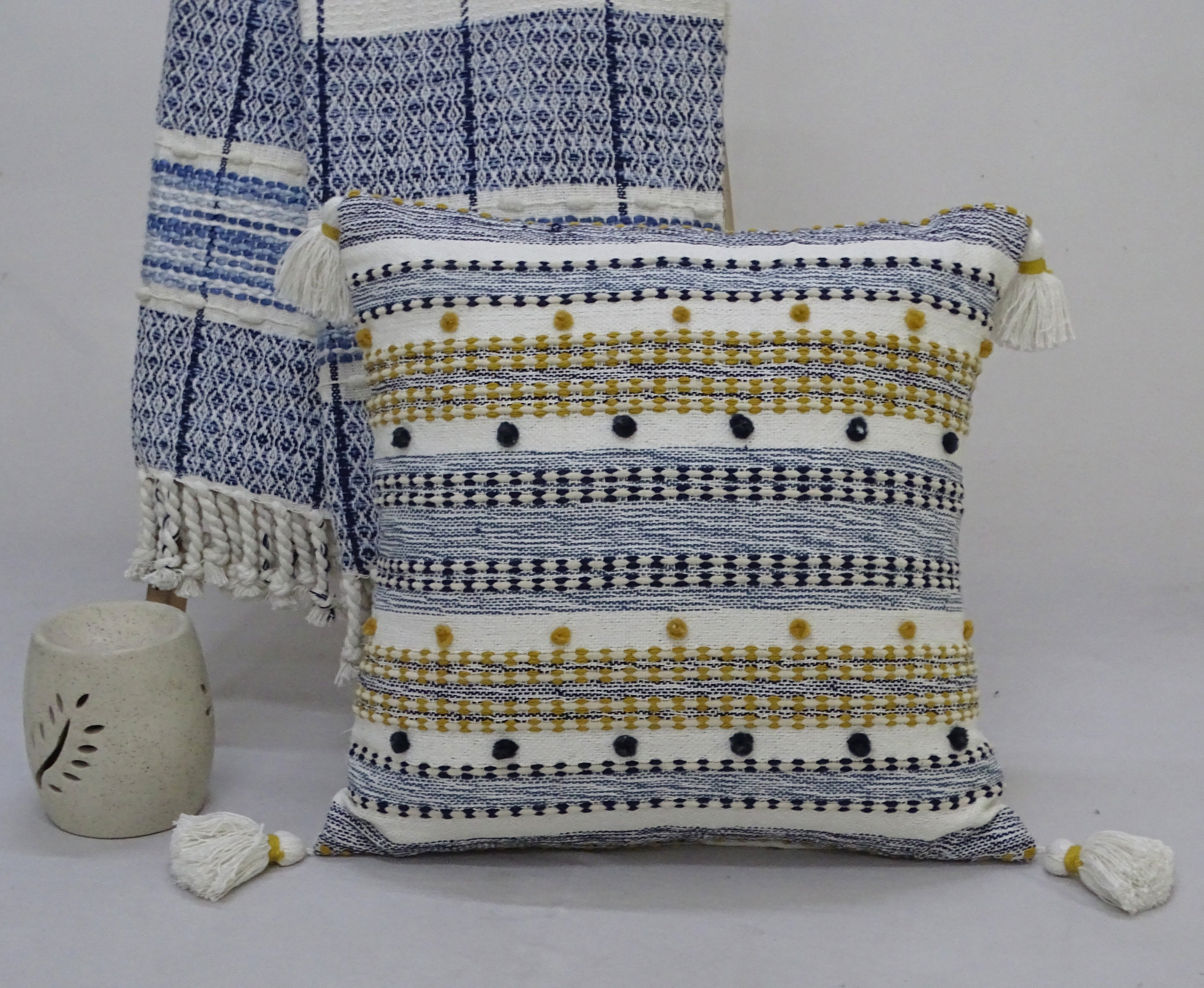 Designer Striped Pillow with Mini Poms and Tassels 20"x20" Vibhsa