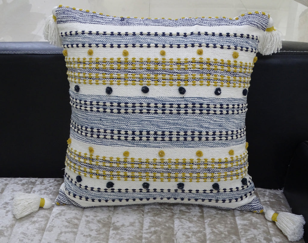 Designer Striped Pillow with Mini Poms and Tassels 20"x20" Vibhsa