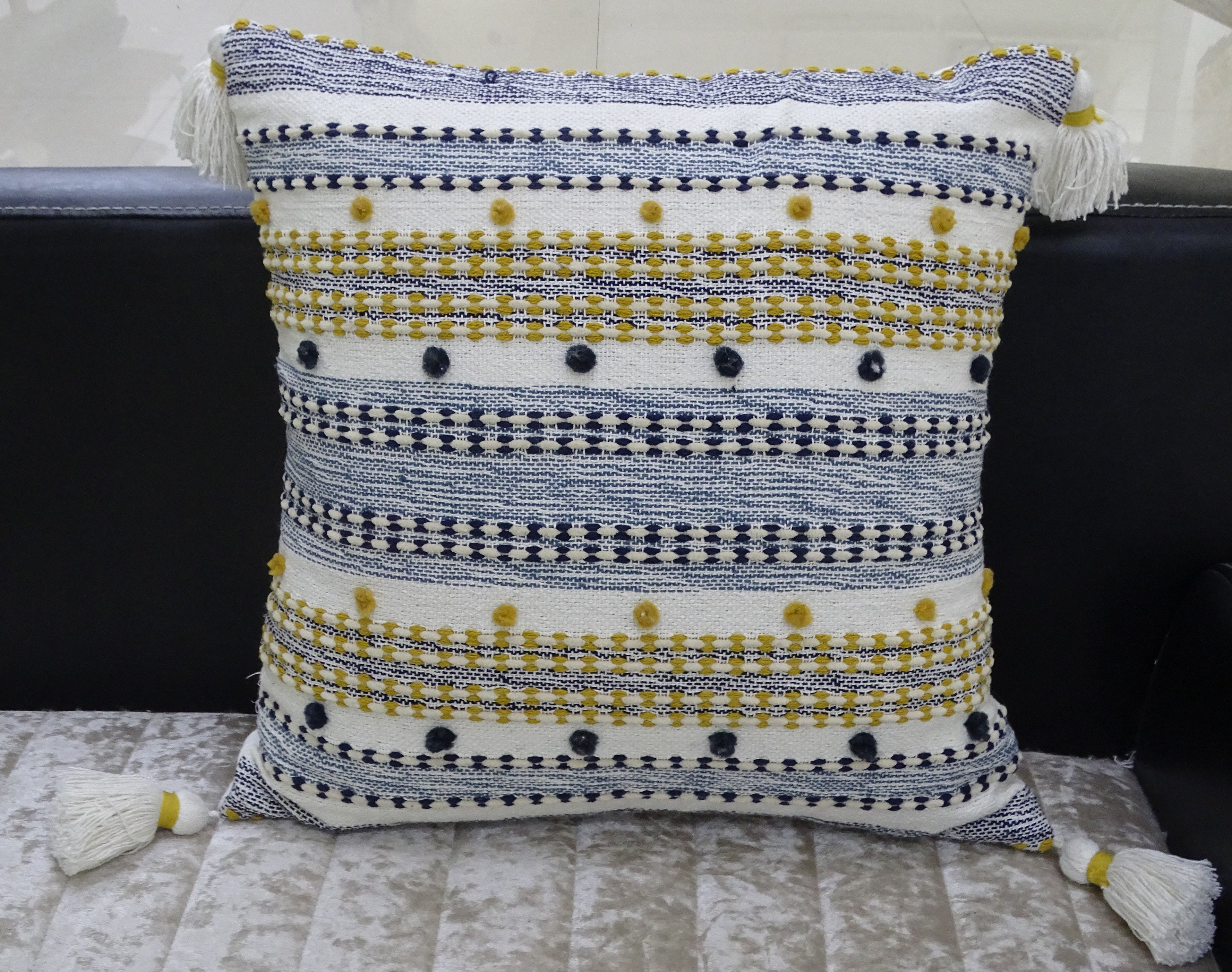 Designer Striped Pillow with Mini Poms and Tassels 20"x20" Vibhsa
