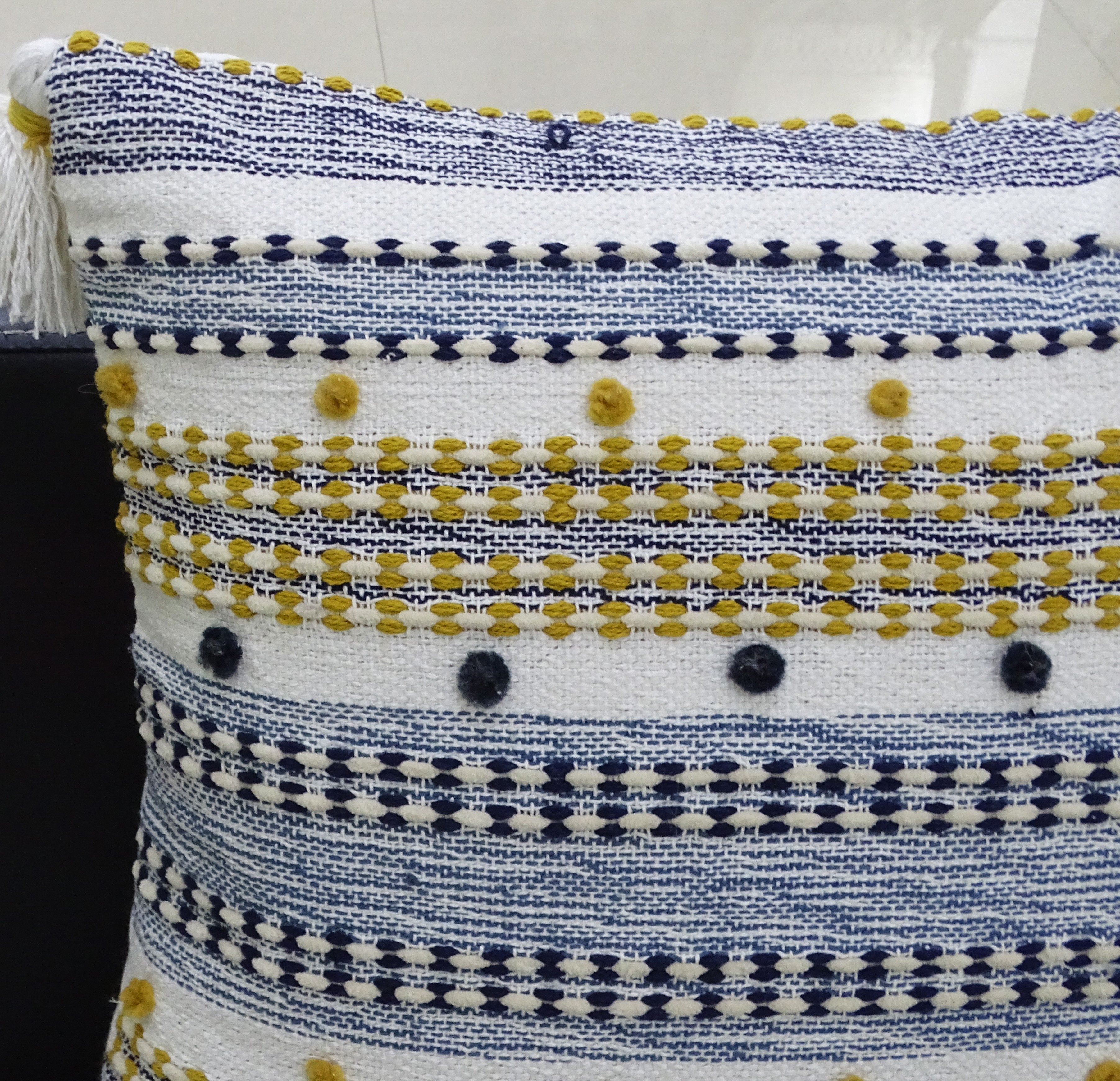 Designer Striped Pillow with Mini Poms and Tassels 20"x20" Vibhsa