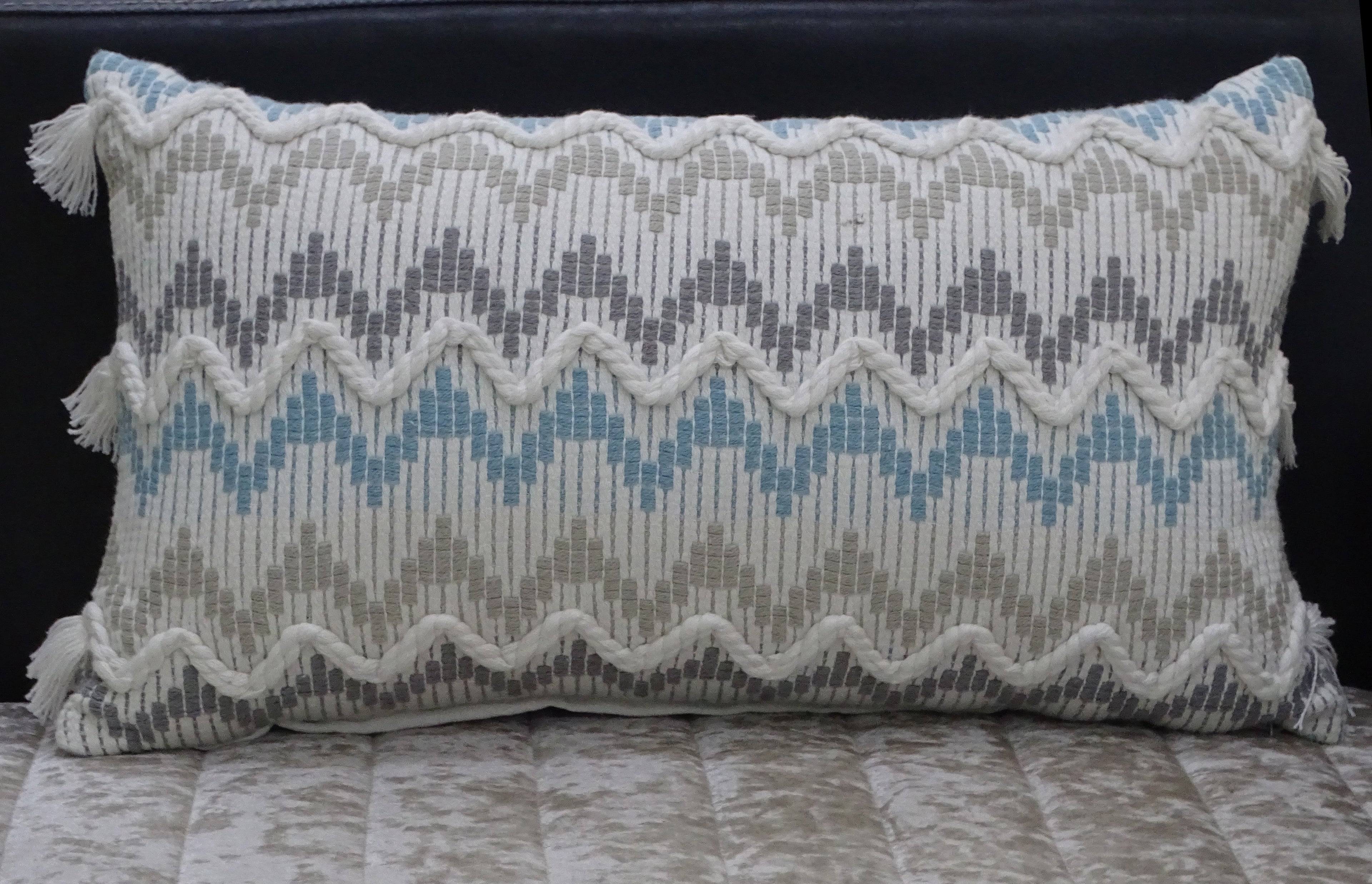 Chevron Throw Pillow for Sofa with Braid and Tassels 14"x24" Vibhsa