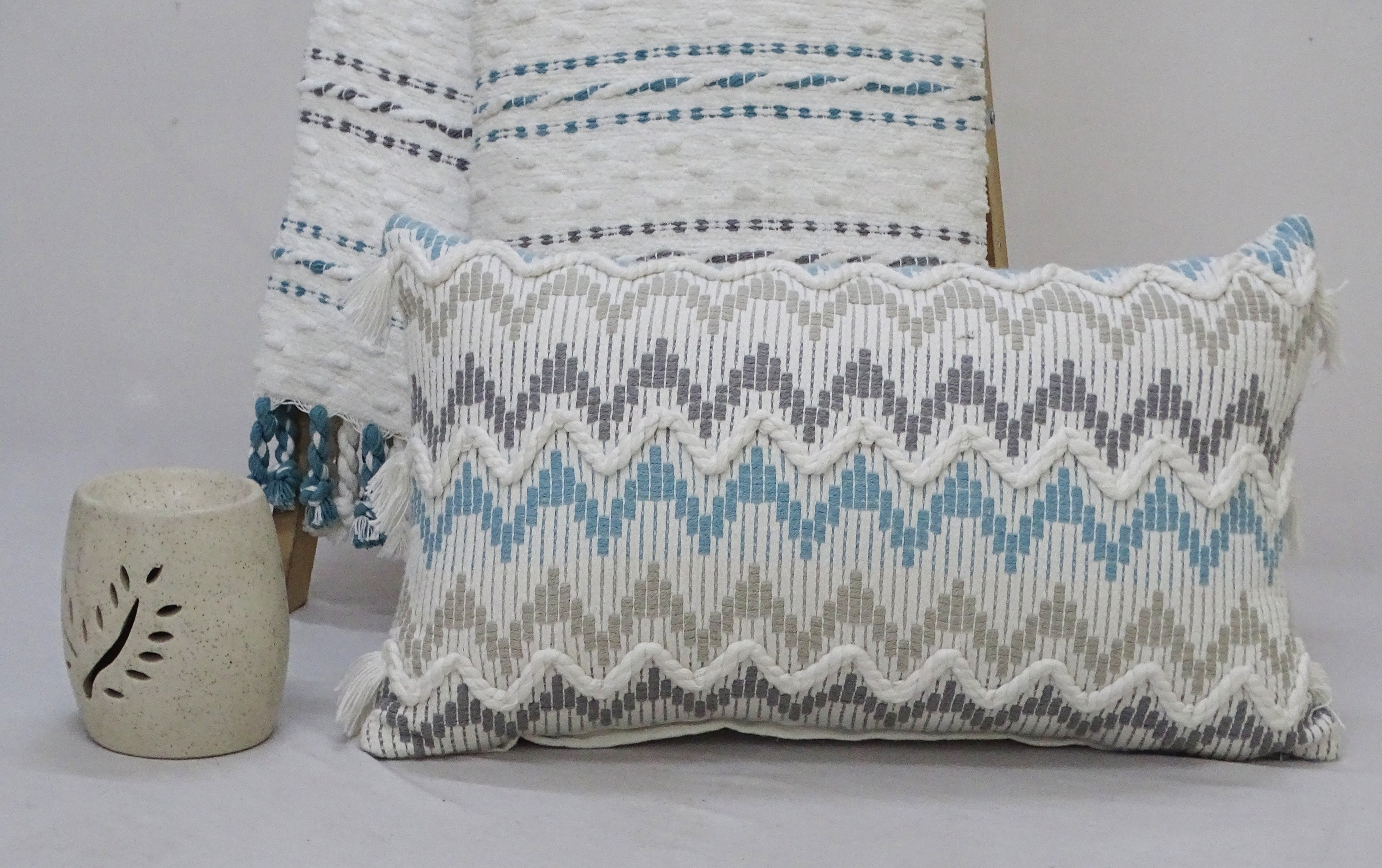 Chevron Throw Pillow for Sofa with Braid and Tassels 14"x24" Vibhsa